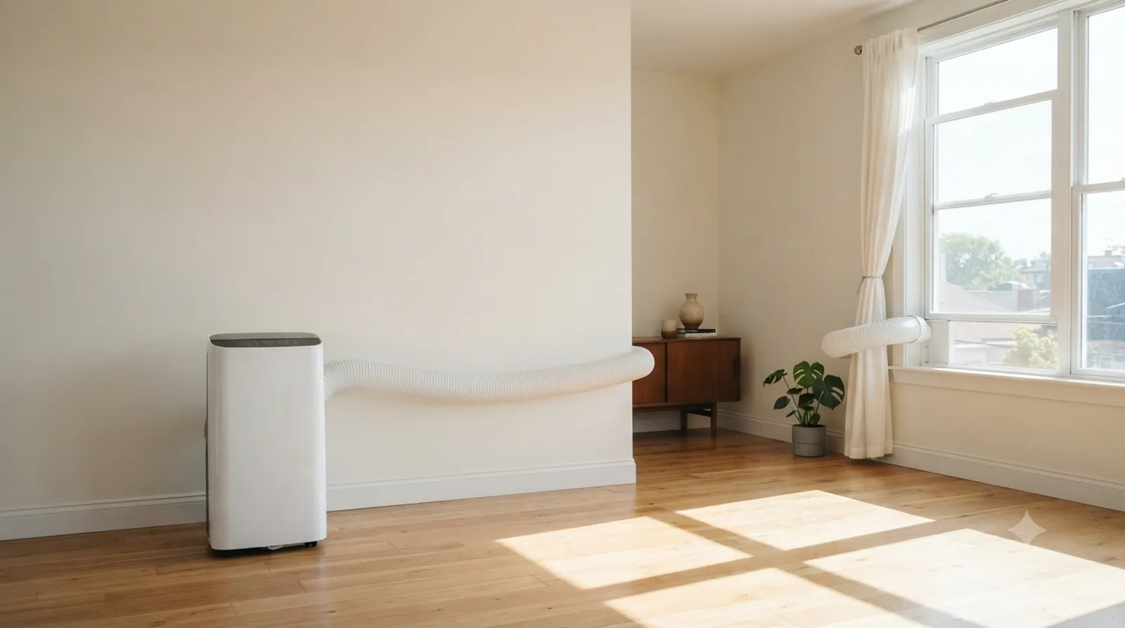 Portable air conditioner venting through a window in a sunlit room