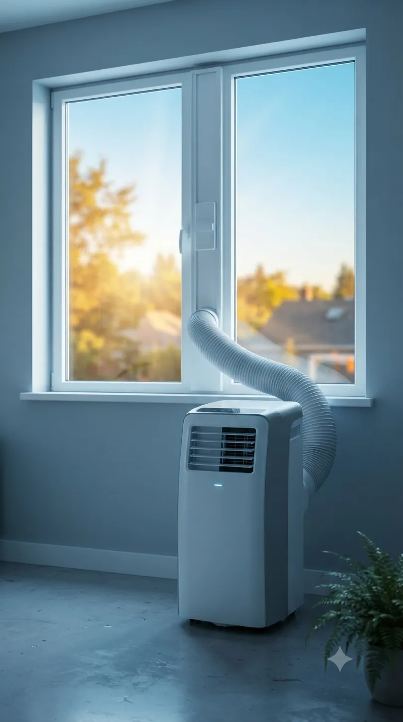 Portable air conditioner exhaust hose vented through a window kit